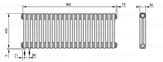 Схема (чертеж) Радиатор Zehnder Charleston 2045/21 №3370 Белый глянцевый RAL 9016